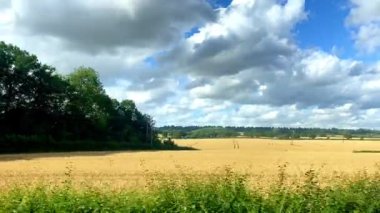 Geniş açılı kırsal arazi bulutları ve mavi gökyüzü bir tren penceresinden inerek İngiltere 'nin güneyindeki düz Britanya şehri, Doğu Sussex Kent' i izliyor - stok video görüntüleri