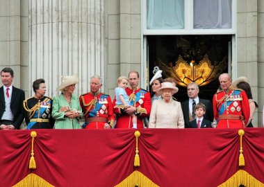 QUEEN ELIZABETH & ROYAL FAMILY, BUCKINGHAM PALACE, LONDON, UK - JUNE 13: Royal Family on Buckingham Palace balcony during Trooping the Colour ceremony, also Prince Georges first appearance on balcony, on June 13, 2015 in London clipart