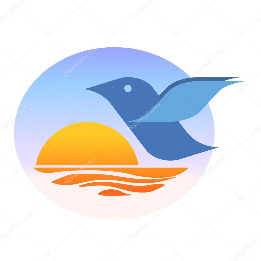 Bird at sunrise on the background of the sun over the water with patches of sunlight