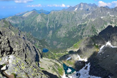 High Tatras 'ın en yüksek dağlarından biri olan Rysy Dağı' nın zirvesinden muhteşem bir manzara. Tazke Pleso ve Zmrzle Pleso göllerine ve Tazka Dolina kanyonuna bakın. Slovakya, Polonya.
