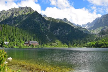 Tatra dağları ve bir dağ oteli ile çevrili güzel Popradske Gölü. Slovakya. Görüntü kamusal alandan alındı.