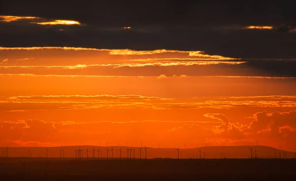 夕阳西下的风力涡轮机 天空壮观 德国风景 曼海姆附近的莱茵河 内卡地区 — 图库照片
