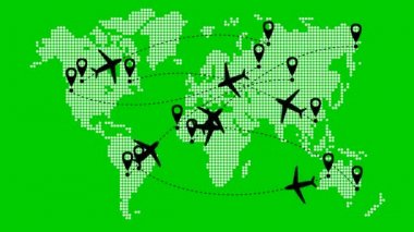 Canlandırılmış uçaklar yörünge boyunca uçar. Uçak yolculuğu. Uçak bir yerden başka bir yere uçar. Yeşil arkaplandaki nokta deseninden dünya haritası.