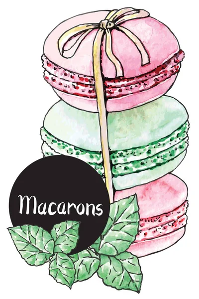 Trois Macarons Français Attachés Avec Ruban Une Feuille Menthe Texte — Image vectorielle