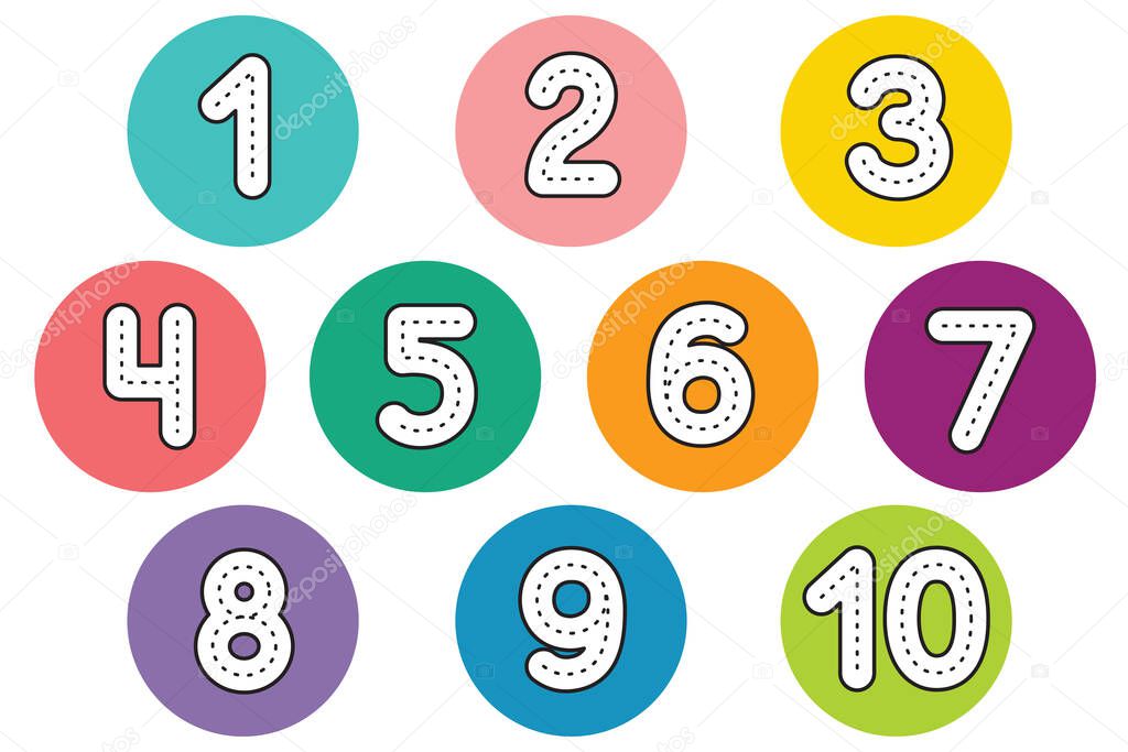 Funny children font with white numbers in color circle. Colorful vector illustration isolated on white background. 