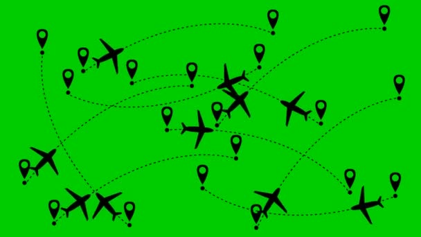 アニメーション飛行機は軌道に沿って飛ぶ 飛行機旅行 飛行機はある場所から別の場所へ飛ぶ 緑の背景に独立したベクトル図 — ストック動画