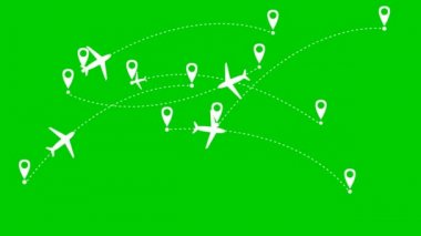 Canlandırılmış beyaz uçaklar yörünge boyunca uçar. Uçak yolculuğu. Uçak bir yerden başka bir yere uçar. Yeşil arkaplanda izole edilmiş vektör illüstrasyonu.