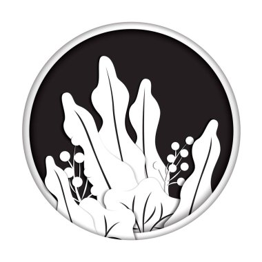 Siyah bir dairede beyaz yapraklar ve böğürtlenler. Kart, afiş, poster için katmanlı illüstrasyon. Modern vektör illüstrasyonu beyaz arkaplanda izole edildi.