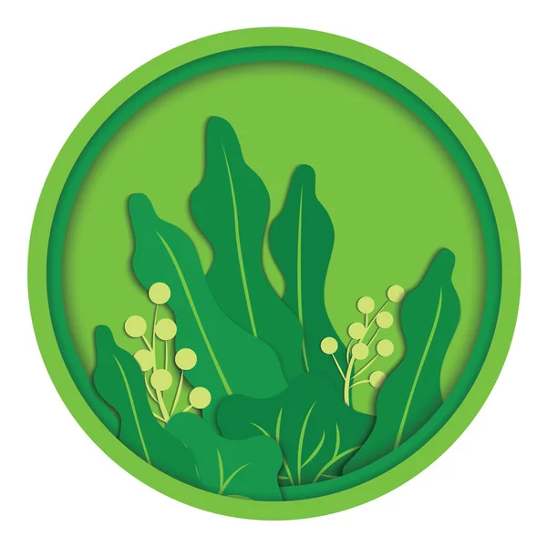 Yeşil yapraklar ve kırmızı böğürtlenler yeşil daire şeklinde. Kart, afiş, poster için katmanlı illüstrasyon. Modern vektör illüstrasyonu beyaz arkaplanda izole edildi.