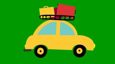 Bagajlı, animasyon sarı araba sürücüsü. Eski araba sürüşleri. Döngülü video. Arabayla seyahat konsepti. İyi yolculuklar. Yeşil arkaplanda izole edilmiş parlak düz vektör illüstrasyonu.