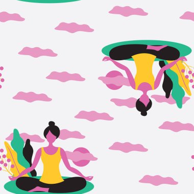 Kadın Lotus pozisyonunda yoga yapıyor. Kız meditasyon yapıyor. Modern düz, pürüzsüz desen. Beyaz arkaplanda izole edilmiş parlak vektör illüstrasyonu.