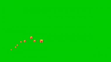 Canlandırılmış kırmızı hediyeler soldan sağa uçar. Sarı kurdeleli uçan hediyeler. Vektör illüstrasyonu yeşil arkaplanda izole edildi.