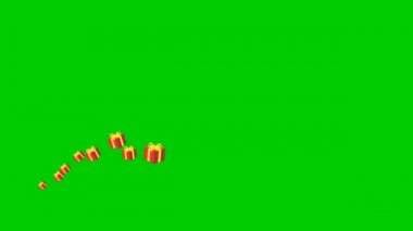 Canlandırılmış kırmızı hediyeler soldan sağa uçar. Sarı kurdeleli uçan hediyeler. Vektör illüstrasyonu yeşil arkaplanda izole edildi.