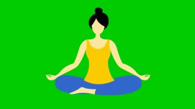 Kız Lotus pozisyonunda yoga yapıyor. Kız meditasyon yapıyor. Modern düz dizayn yoga konsepti. Kadın havada süzülüyor. Yeşil arkaplanda parlak hareket illüstrasyonu.