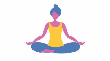 Kız Lotus pozisyonunda yoga yapıyor. Kız meditasyon yapıyor. Modern düz dizayn yoga konsepti. Kadın havada süzülüyor. Beyaz arkaplanda parlak hareket illüstrasyonu.