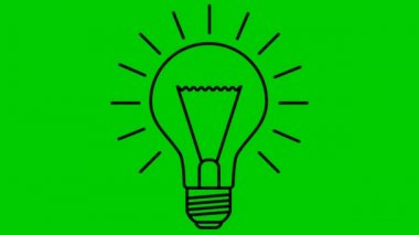 Ampulün canlandırılmış sembolü. Fikir ve yaratıcılık kavramı. Çizgi vektör çizimi yeşil arkaplanda izole edildi.
