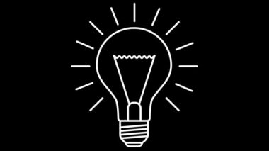 Ampulün canlandırılmış sembolü. Fikir ve yaratıcılık kavramı. Çizgi vektör çizimi siyah arkaplanda izole edildi.