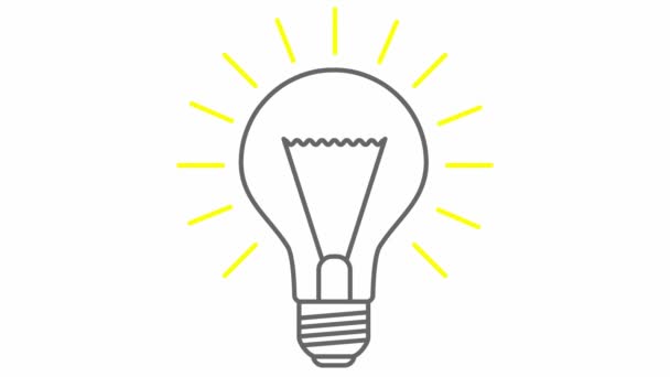 黄色の光線と灰色の電球のアニメーションシンボル アイデアと創造の概念 ループビデオだ 緑の背景に独立したベクトル図 — ストック動画