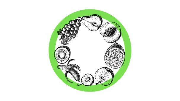 动画圆形框架从手绘新鲜水果与复制空间 用香蕉 猕猴桃等制作的有机食品 白色背景上的矢量说明 — 图库视频影像