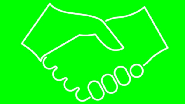 Animált fehér vonalas kézfogás ikon. Üzletről, megállapodásról, partnerségről. Vektor lineáris illusztráció elszigetelt a zöld háttér.