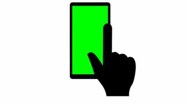 Canlandırılmış el, telefondaki görüntülere yeşil ekranla bakıyor. Beyaz arkaplanda izole edilmiş vektör illüstrasyonu.