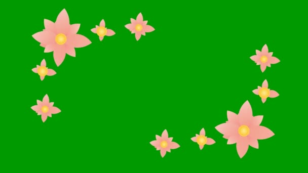 Belebte rosa Blumen blühen. Floraler Rahmen mit weißem Kopierraum. Video in Schleife. Vektor-Illustration isoliert auf grünem Hintergrund.