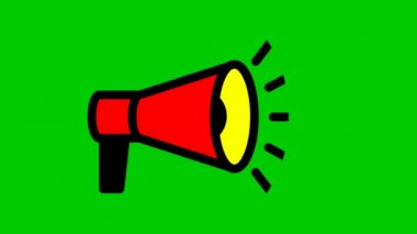 Kırmızı megafonun animasyon sembolü. Döngülü video. Haber kavramı, duyuru, propaganda, promosyon, yayın, medya, mesaj. Vektör illüstrasyonu yeşil arkaplanda izole edildi.