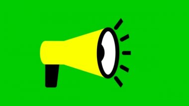 Sarı megafonun animasyon sembolü. Döngülü video. Haber kavramı, duyuru, propaganda, promosyon, yayın, medya, mesaj. Vektör illüstrasyonu yeşil arkaplanda izole edildi.