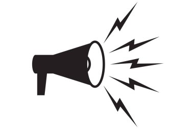 Megafonun sembolü. Hoparlörün siyah simgesi. Haber kavramı, duyuru, propaganda, promosyon, yayın, medya, mesaj. Vektör illüstrasyonu beyaz arkaplanda izole edildi.