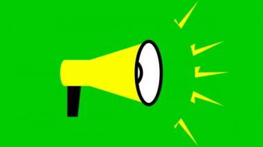 Sarı megafonun animasyon sembolü. Döngülü video. Haber kavramı, duyuru, propaganda, promosyon, yayın, medya, mesaj. Vektör illüstrasyonu yeşil arkaplanda izole edildi.