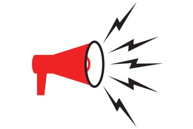 Megafonun sembolü. Hoparlörün kırmızı simgesi. Haber kavramı, duyuru, propaganda, promosyon, yayın, medya, mesaj. Vektör illüstrasyonu beyaz arkaplanda izole edildi.