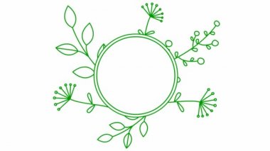 Yaprak ve çiçek dallı soyut modern afiş. Fotokopi alanı olan yeşil çerçeveyi çember yapın. Döngülü video. Düz vektör çizimi beyaz arkaplanda izole edildi.