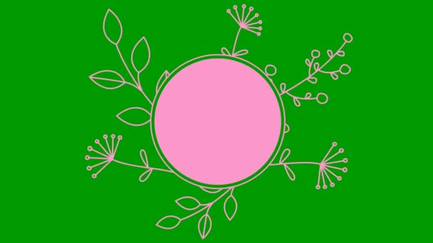 葉や花のピンクの枝を持つ抽象的な現代のバナーをアニメーション化 コピースペース付きのサークルブラックフレーム ループビデオだ 緑の背景に隔離されたフラットベクトルイラスト — ストック動画