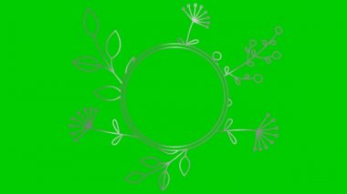 Yaprak ve çiçeğin gümüş dallı soyut modern afişi. Fotokopi alanı ile siyah çerçeveyi çember yapın. Döngülü video. Düz vektör çizimi yeşil arkaplanda izole edildi.