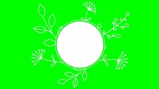 生动活泼的现代旗帜 叶和花的白色分枝 圆形黑色框架与复制空间 循环视频 在绿色背景上孤立的平面矢量图解 — 图库视频影像