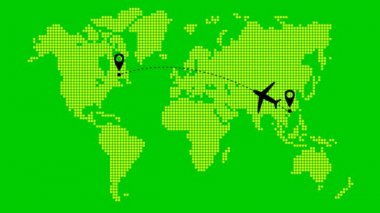 Animasyon uçakları Asya 'dan Amerika' ya giden bir yörüngede uçar. Uçak yolculuğu. Uçak sağdan sola uçar. Yeşil arkaplandaki nokta deseninden sarı dünya haritası.