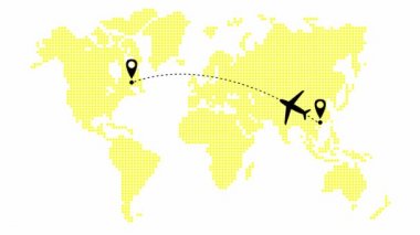Uçak Asya 'dan Amerika' ya giden bir yörüngede uçuyor. Uçak yolculuğu. Uçak sağdan sola uçar. Beyaz arkaplandaki nokta deseninden sarı dünya haritası.