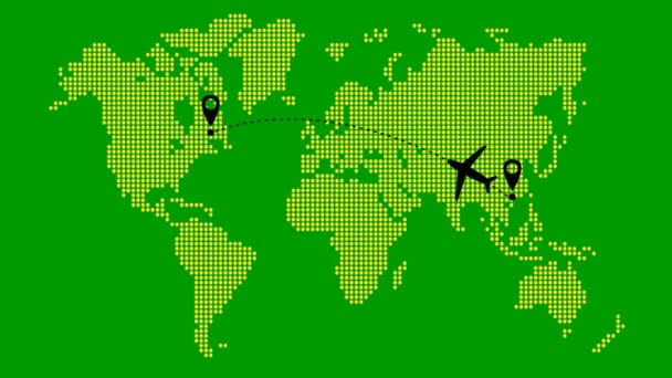 飛行機をアニメーション化するアジアからアメリカへの軌道に沿って飛ぶ 飛行機旅行 飛行機は右から左へ飛ぶ 緑の背景の点のパターンからの黄金の世界地図 — ストック動画