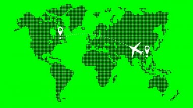 Animasyon uçakları Asya 'dan Amerika' ya giden bir yörüngede uçar. Uçak yolculuğu. Uçak sağdan sola uçar. Yeşil arkaplanda izole edilmiş nokta deseninden siyah dünya haritası.