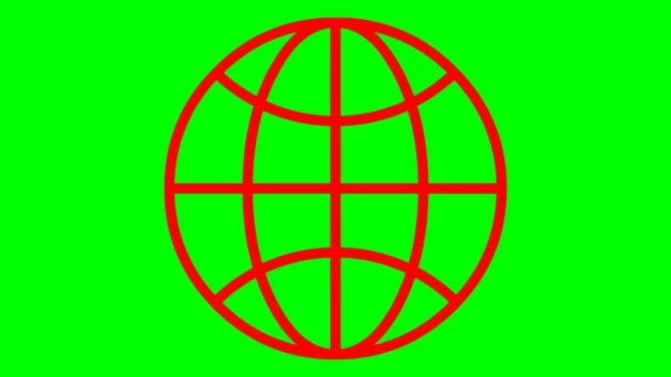 地球のアニメーションアイコン 惑星のライン赤のシンボル ネット ウェブ インターネットの概念 緑の背景に独立したベクトル図 — ストック動画