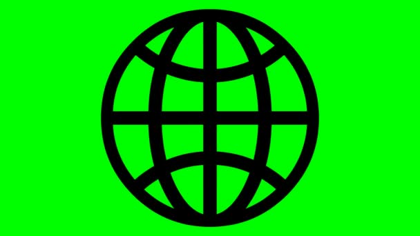 地球のアニメーションアイコン 惑星のライン黒のシンボル ネット ウェブ インターネットの概念 緑の背景に独立したベクトル図 — ストック動画