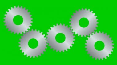 Animasyon gümüş dişliler döner. Düz sembol. Bağlantı kavramı, takım çalışması, iletişim. Vektör illüstrasyonu yeşil arkaplanda izole edildi.