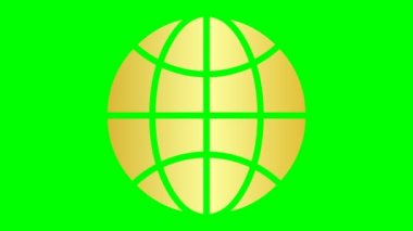 Animated gold icon of globe. Flat golden symbol of planet. Concept of net, web, internet, ecology. Vector illustration isolated on a green background.