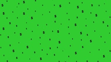 Animasyon dolar geçmişi. Para tepeden tırnağa uçuyor. Dolar sembolü. Döngülü video. Vektör illüstrasyonu yeşil arkaplanda izole edildi.