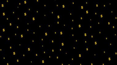 Animasyon dolar geçmişi. Para tepeden tırnağa uçuyor. Doların sarı sembolü. Döngülü video. Siyah arkaplanda izole edilmiş vektör illüstrasyonu.