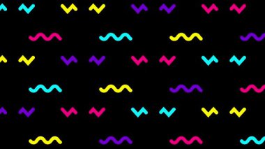 Rengarenk renkli dalgalı çizgiler çiziliyor. Doğrusal şablon çok renkli arkaplan. Döngülü video. Vektör illüstrasyonu siyah arkaplanda izole edildi.