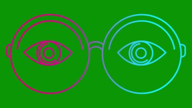 Gözlüklü gözlüklerin pembe çizgisel sembolü. Gözlüklerin doğrusal simgesi. Döngülü video. Görüş konsepti, göz doktoru. Yeşil arkaplanda vektör illüstrasyonu.