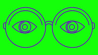 Gözlüklü gözlüklerin canlı mor çizgisel sembolü. Gözlüklerin doğrusal mor simgesi. Döngülü video. Görüş konsepti, göz doktoru. Yeşil arkaplanda vektör illüstrasyonu.