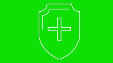 Tıbbi haçlı kalkanın canlandırılmış beyaz doğrusal sembolü. Sağlık, ambulans, ilaç kavramı. Döngülü video. Vektör illüstrasyonu yeşil arkaplanda izole edildi.