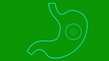 Sinyal veren daireleri olan doğrusal mavi mide sembolü. Acıya odaklan, ağrıya. Çizgi vektör çizimi yeşil arkaplanda izole edildi.